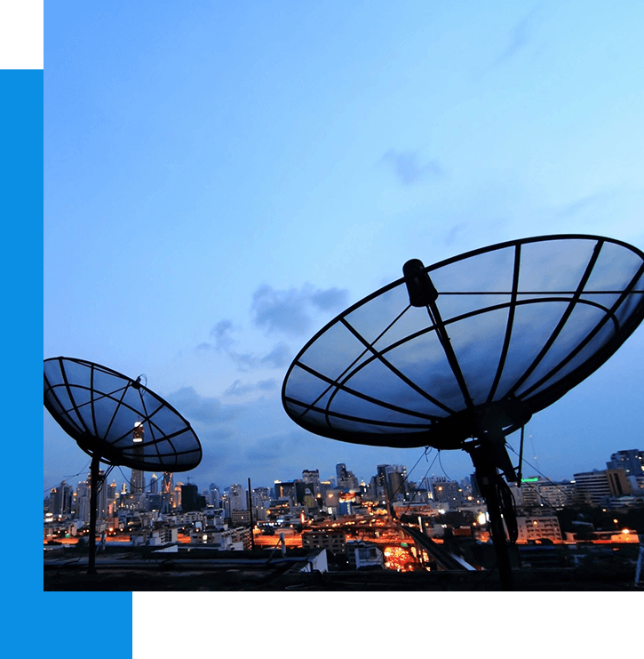 Black Antenna Communication Satellite Dish over Sunset Sky