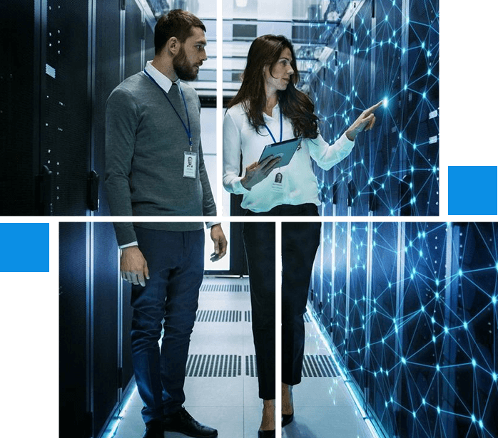 Female and Male IT Engineers Discussing Technical Details in a Working Data Center